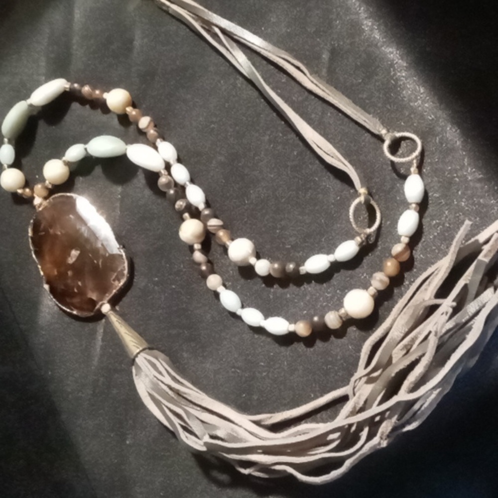 Quartz, Jasper, Amazonite Natural Gems  Necklace with Tassel 38 In Long